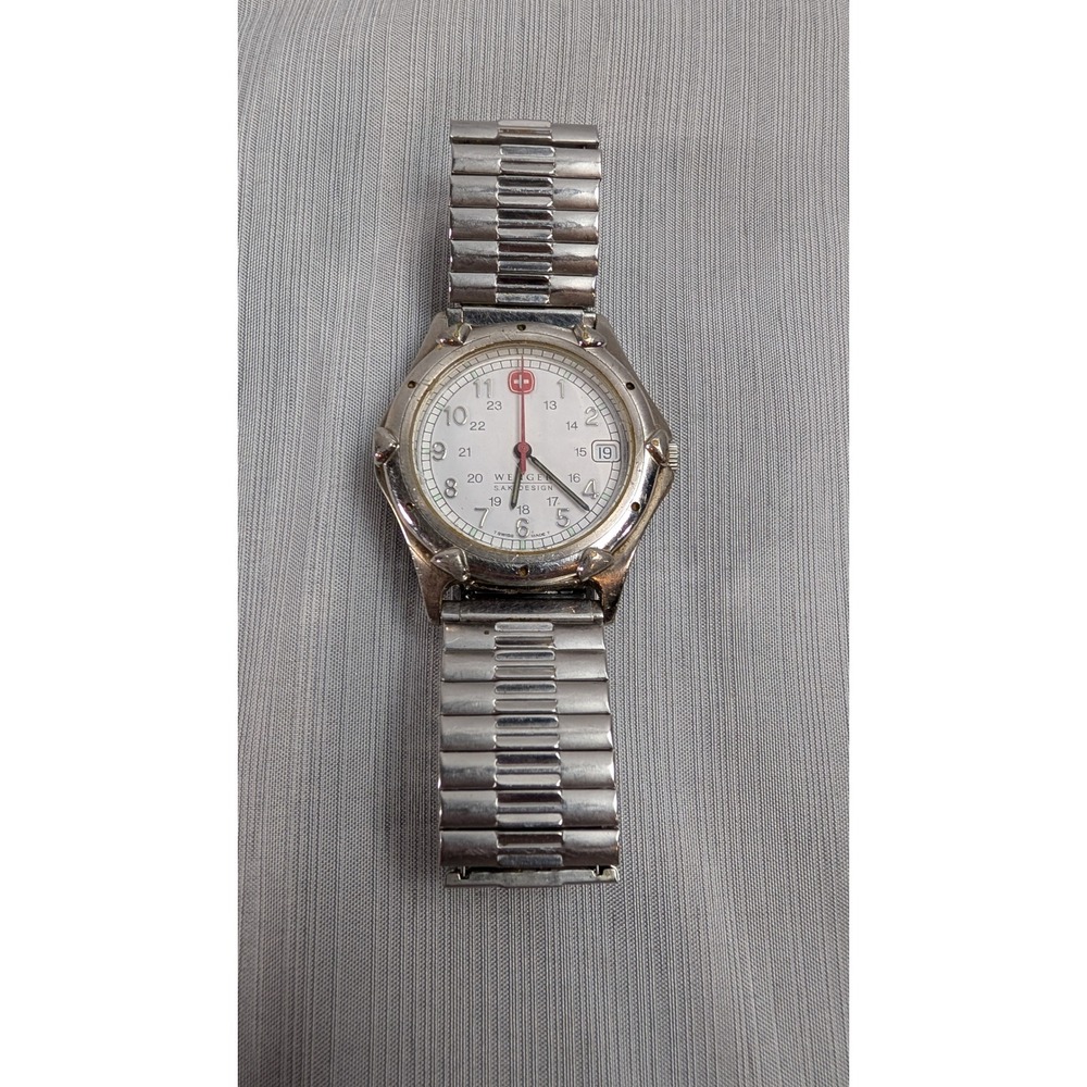 Wenger S.A.K. Design Watch Silver Tone White Dial Speidel Band Swiss Military